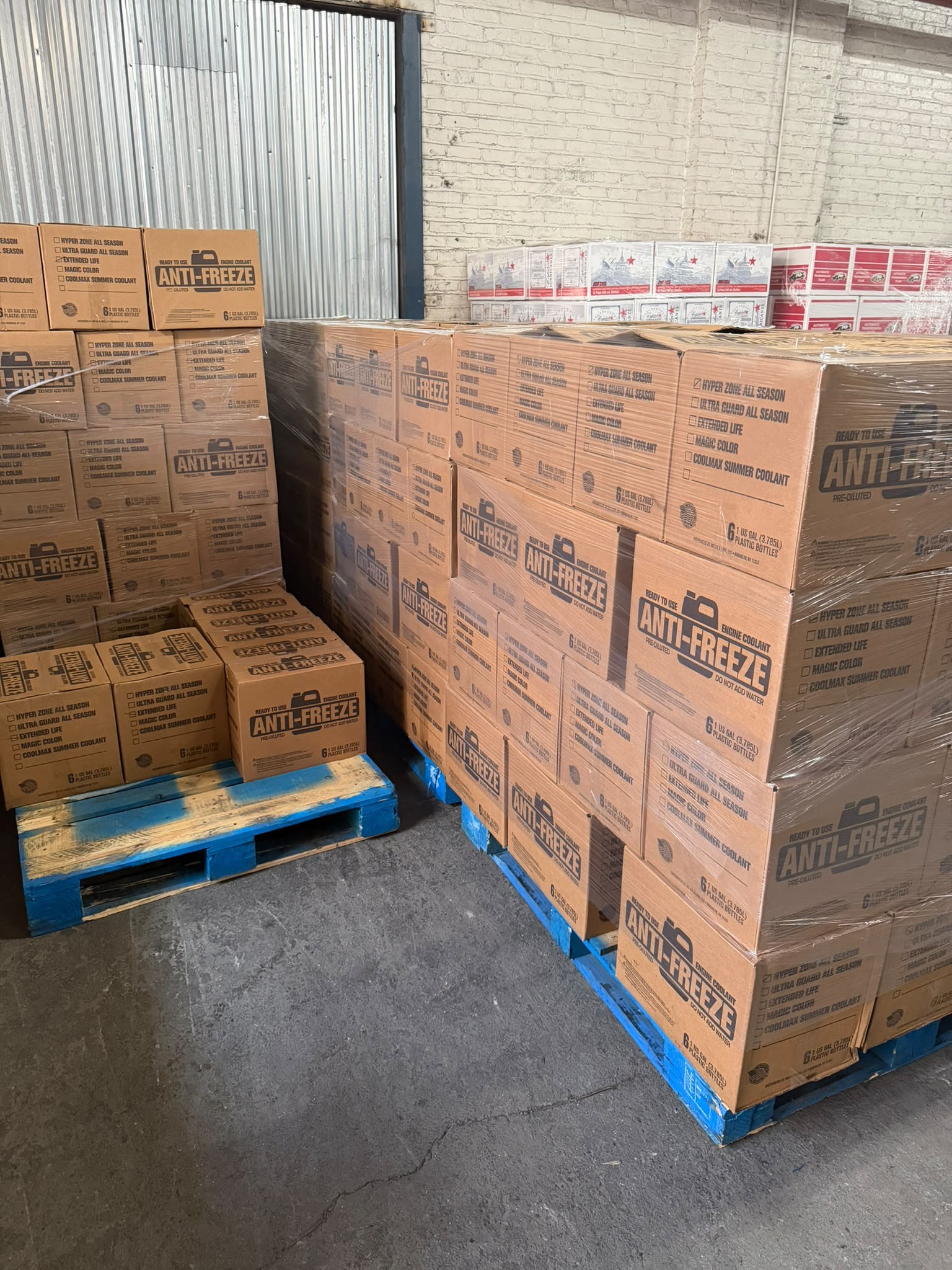 Stacked cases of Anti-Freeze coolant at Bass Oil
