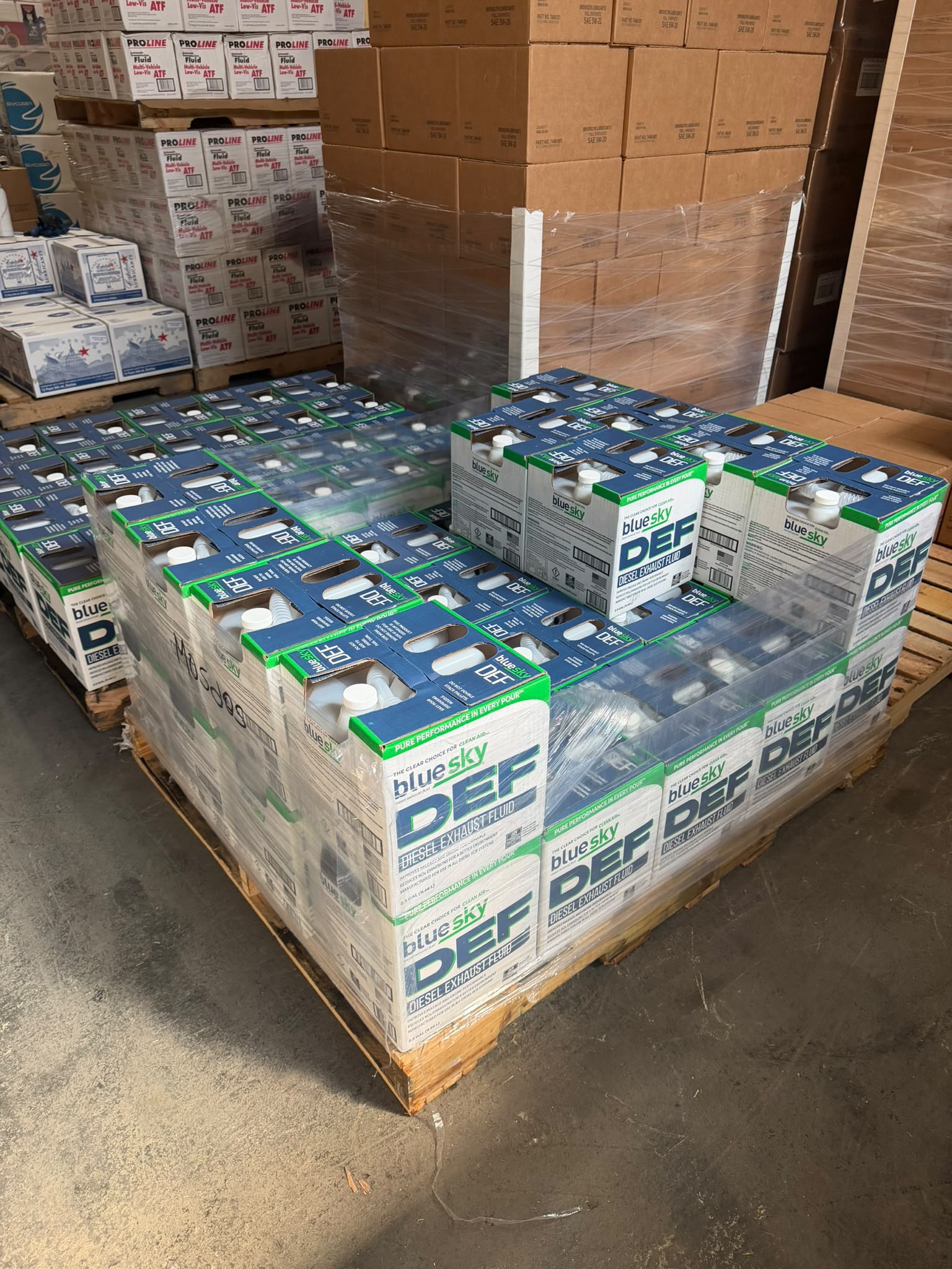 A pallet of Blue Sky DEF diesel exhaust fluid