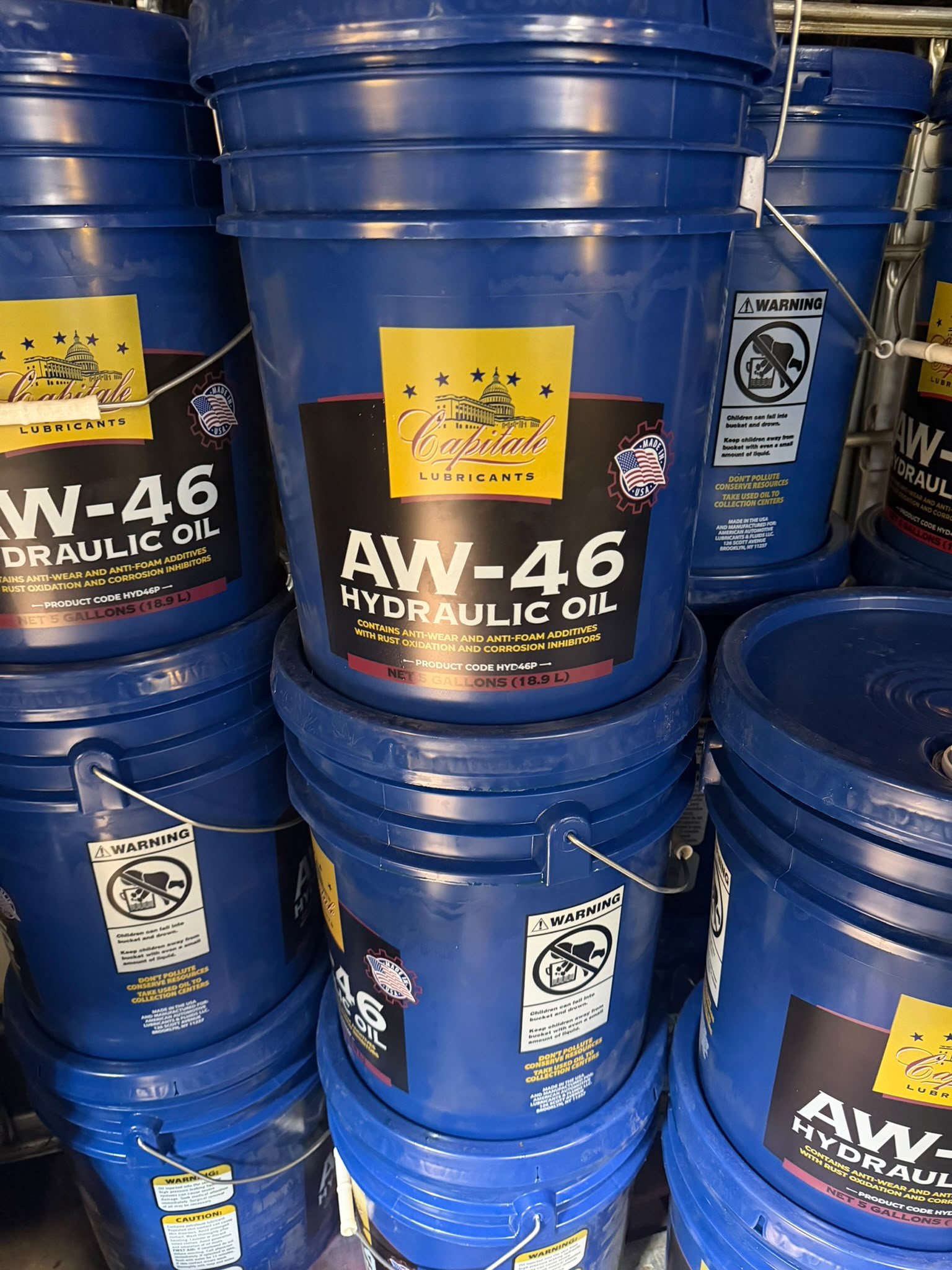 Pails of Capitale AW-46 hydraulic oil
