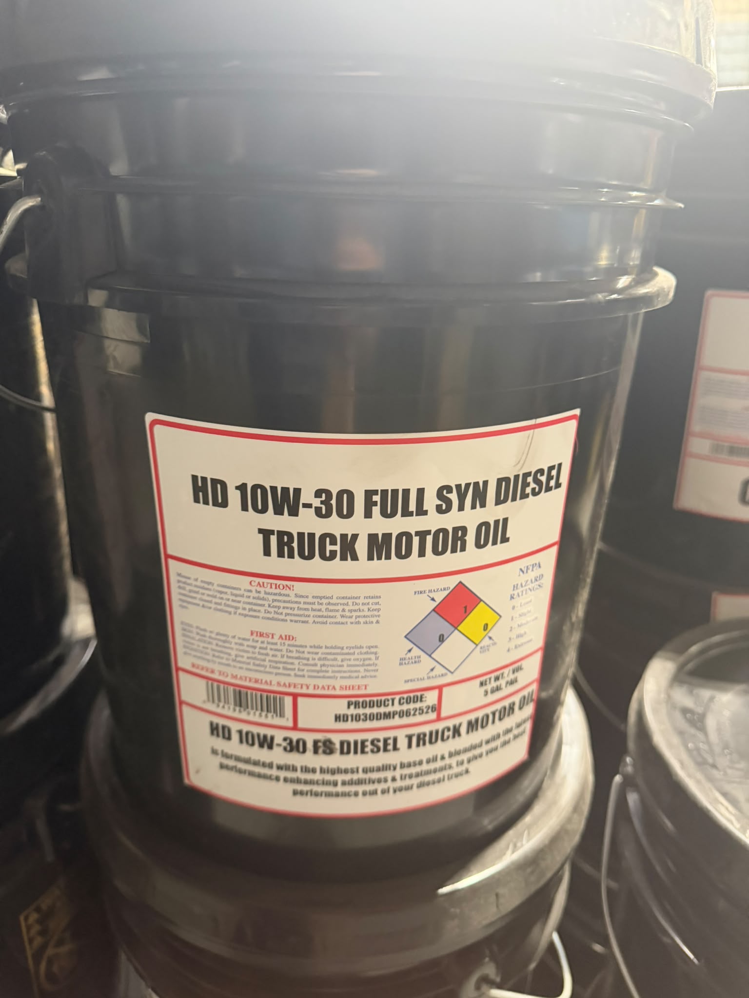 Bass Oil house-label HD 10W-30 Full Synthetic Diesel Truck Motor Oil, 5 gallon pail, bottled in Brooklyn