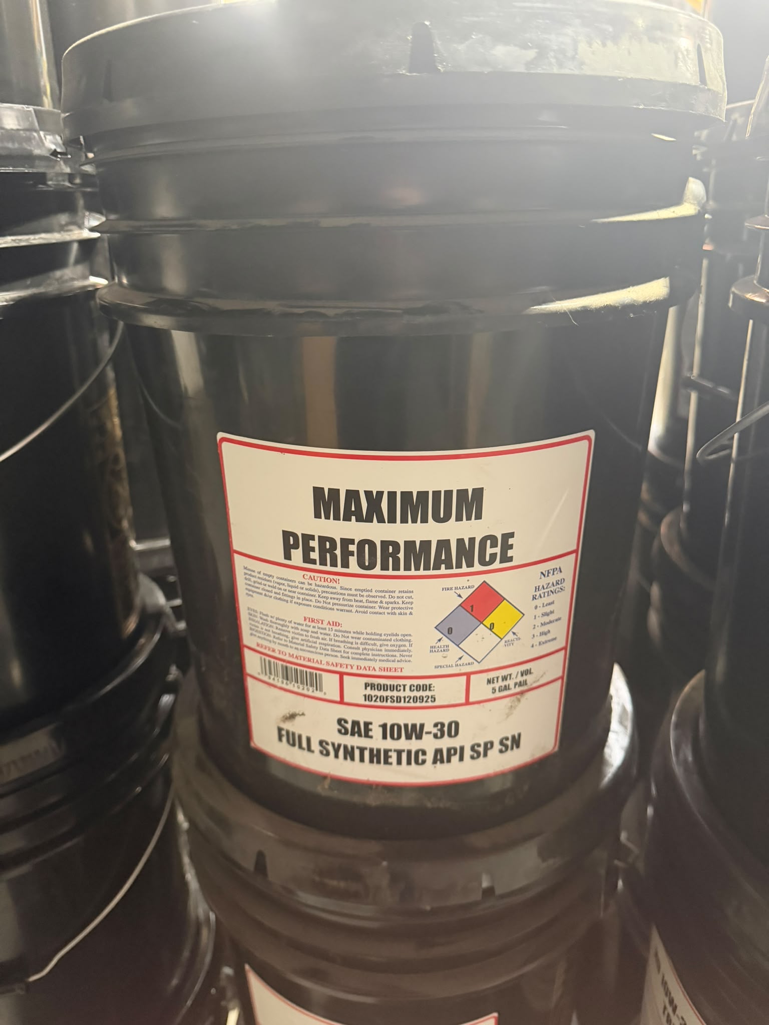 Bass Oil house-label Maximum Performance SAE 10W-30 Full Synthetic API SP SN motor oil, 5 gallon pail, bottled in Brooklyn