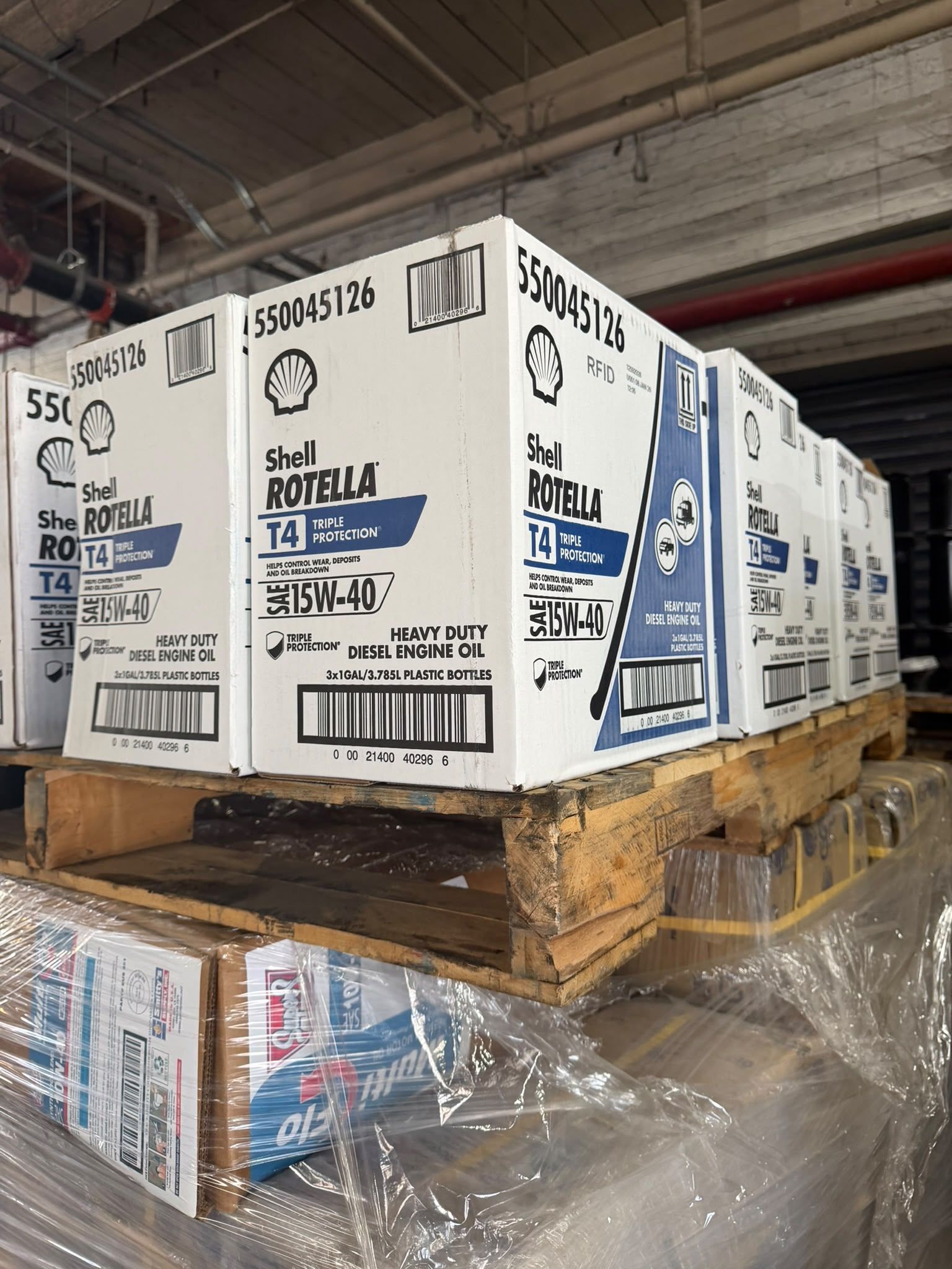 Cases of Shell Rotella T4 15W-40 heavy duty motor oil