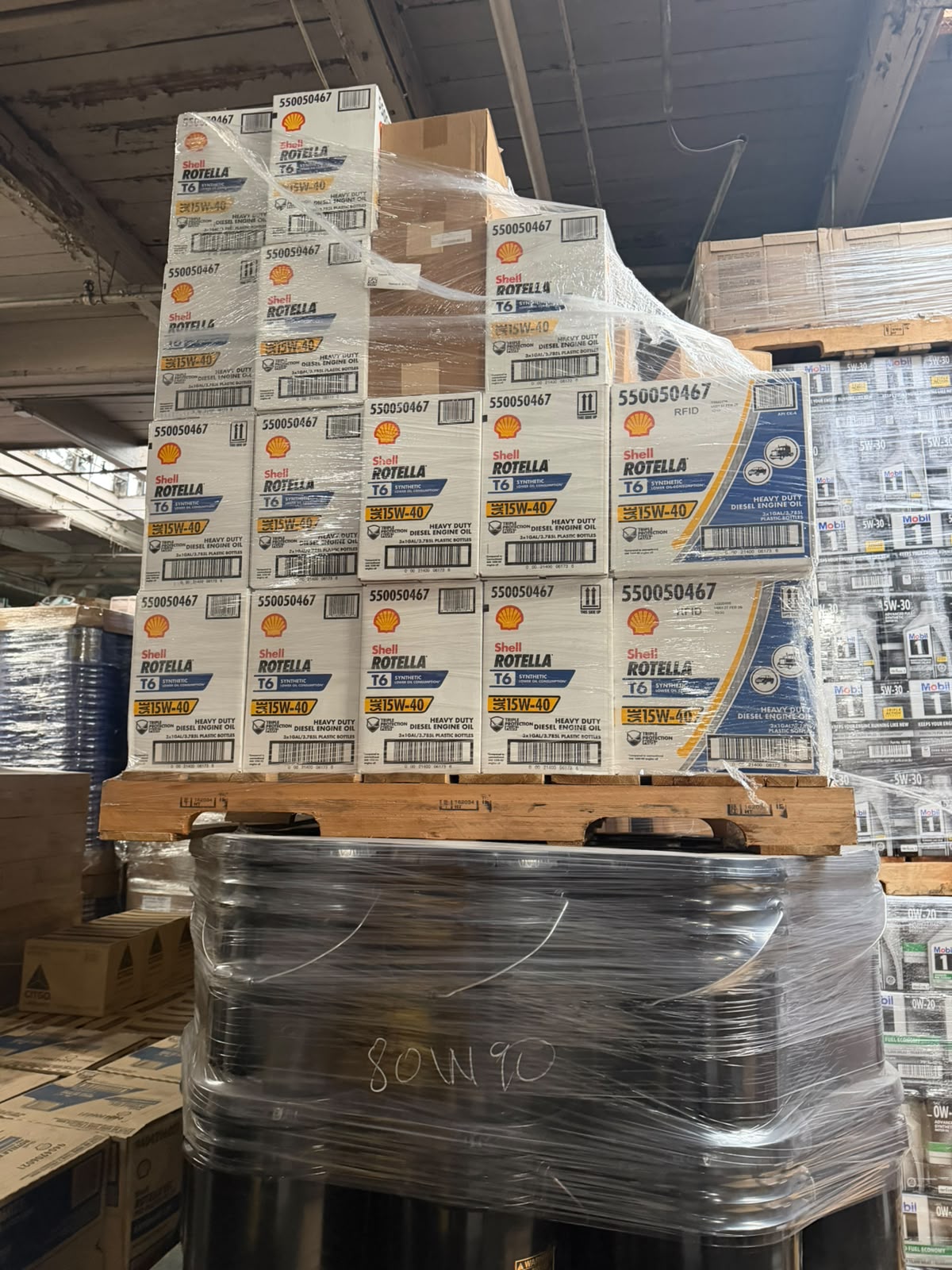 A pallet of Shell Rotella T6 15W-40 heavy duty diesel oil