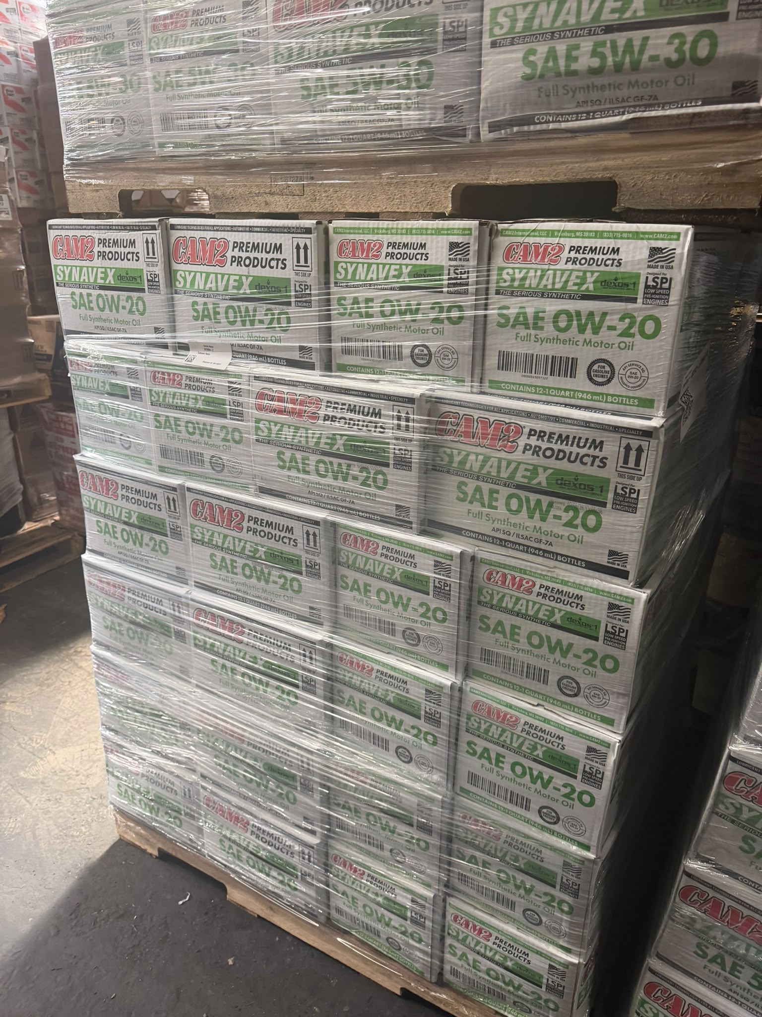 Full pallet of CAM2 Synavex dexos1 SAE 0W-20 Full Synthetic Motor Oil cases at the Bass Oil warehouse in Brooklyn
