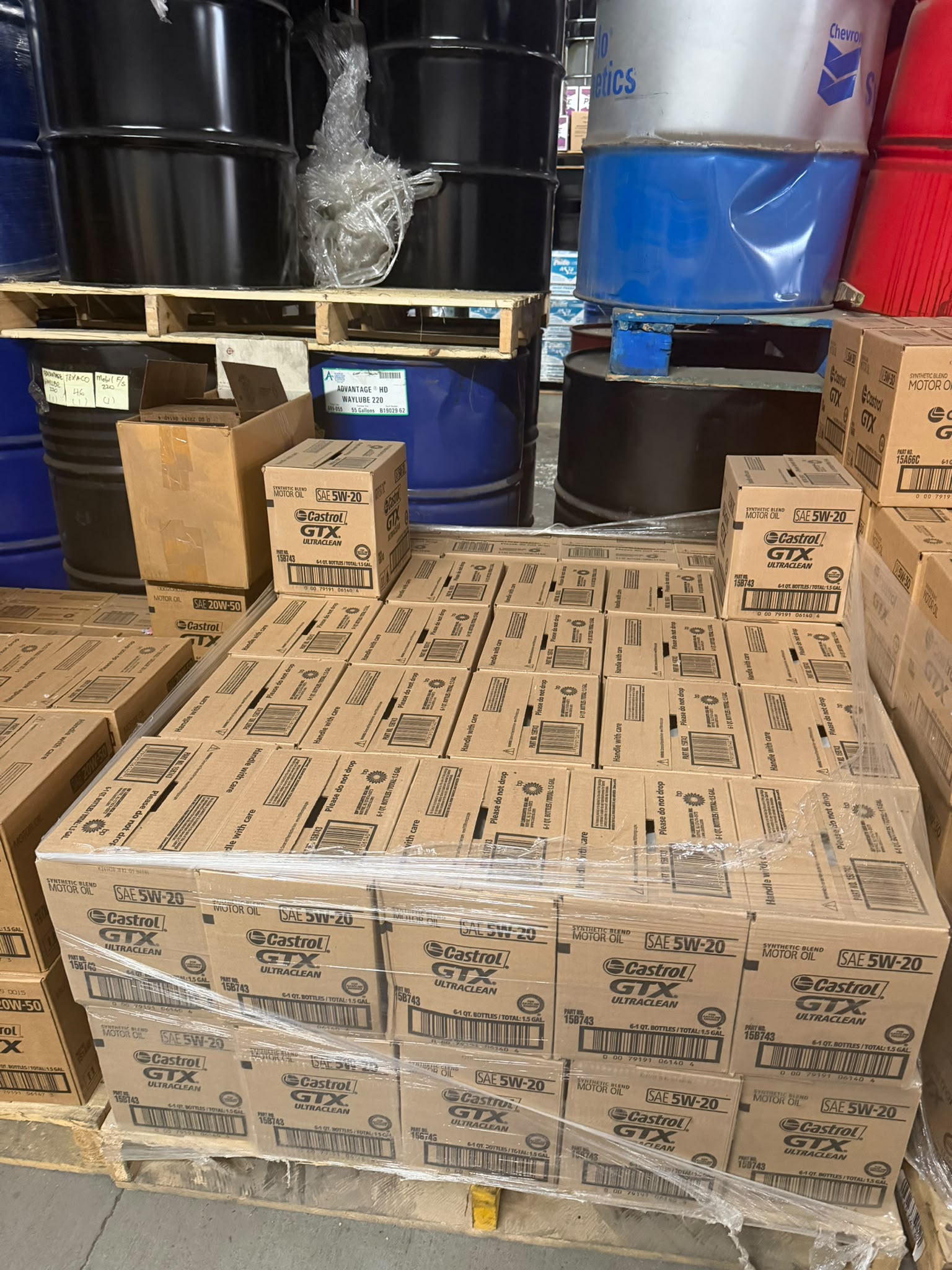Full pallet of Castrol GTX Ultraclean SAE 5W-20 synthetic blend motor oil cases at the Bass Oil warehouse in Brooklyn