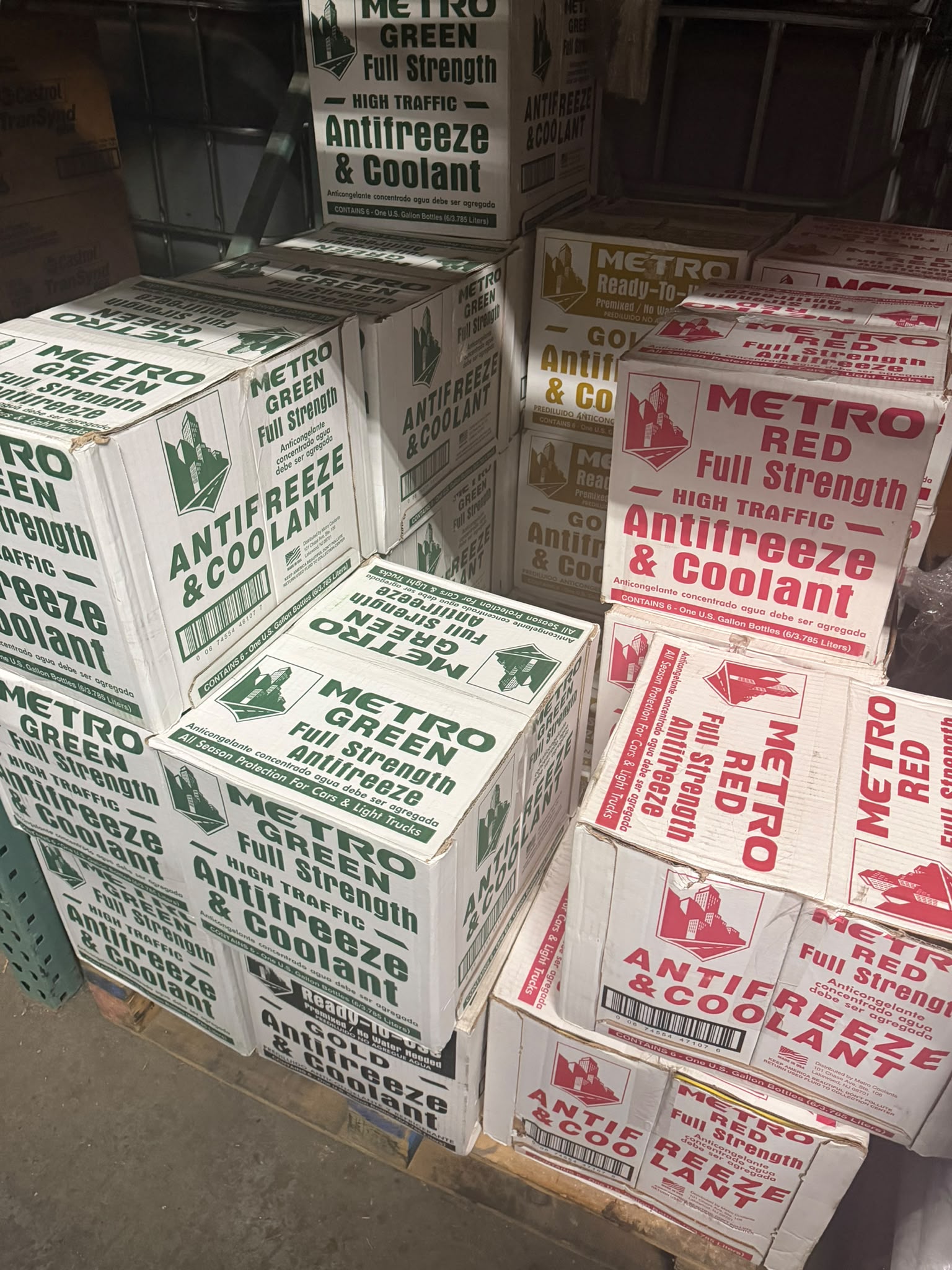 METRO Green Full Strength and METRO Red Full Strength Antifreeze and Coolant cases at the Bass Oil warehouse in Brooklyn