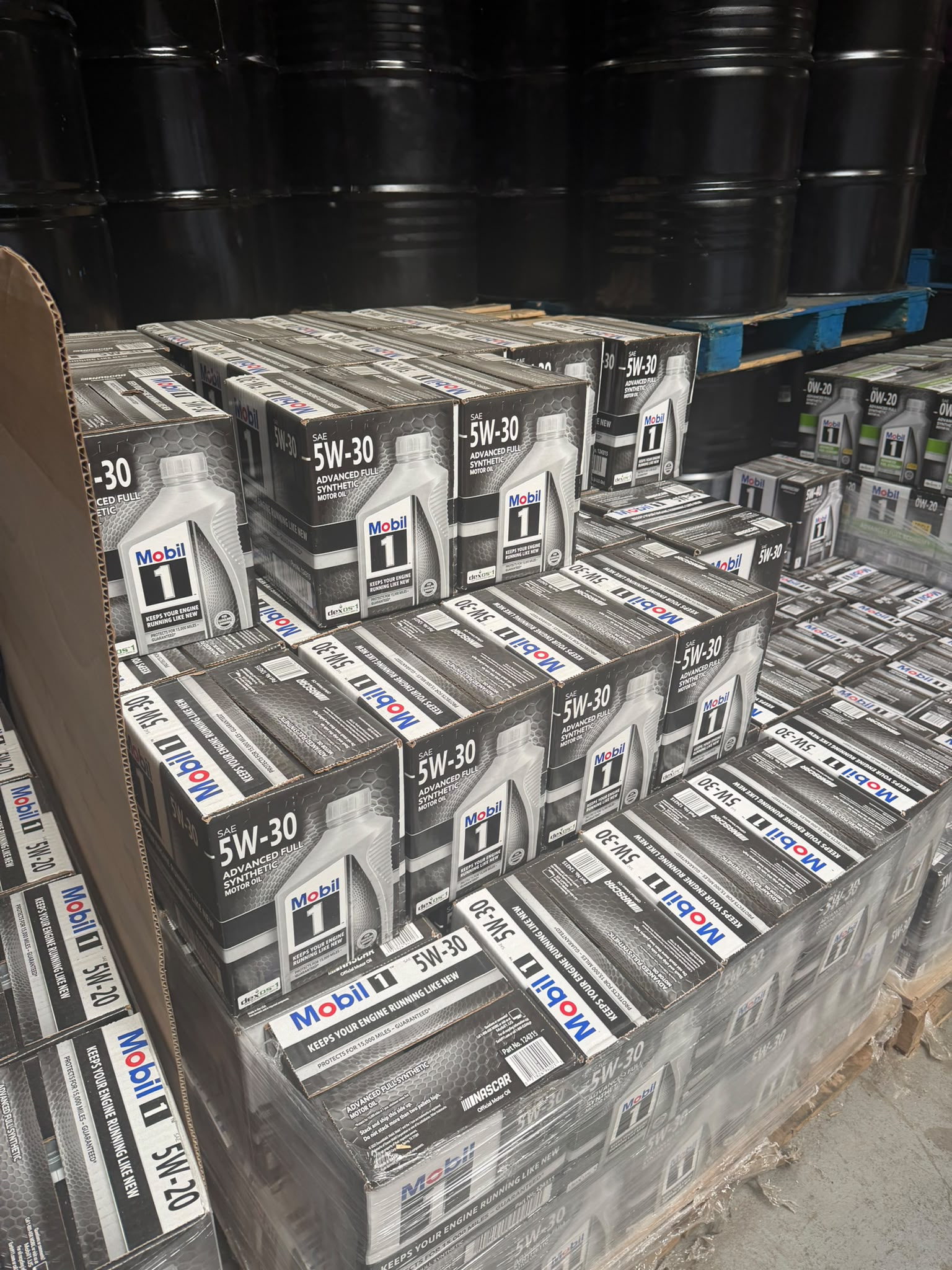 Pallet of Mobil 1 SAE 5W-30 advanced full synthetic motor oil cases at the Bass Oil warehouse in Brooklyn