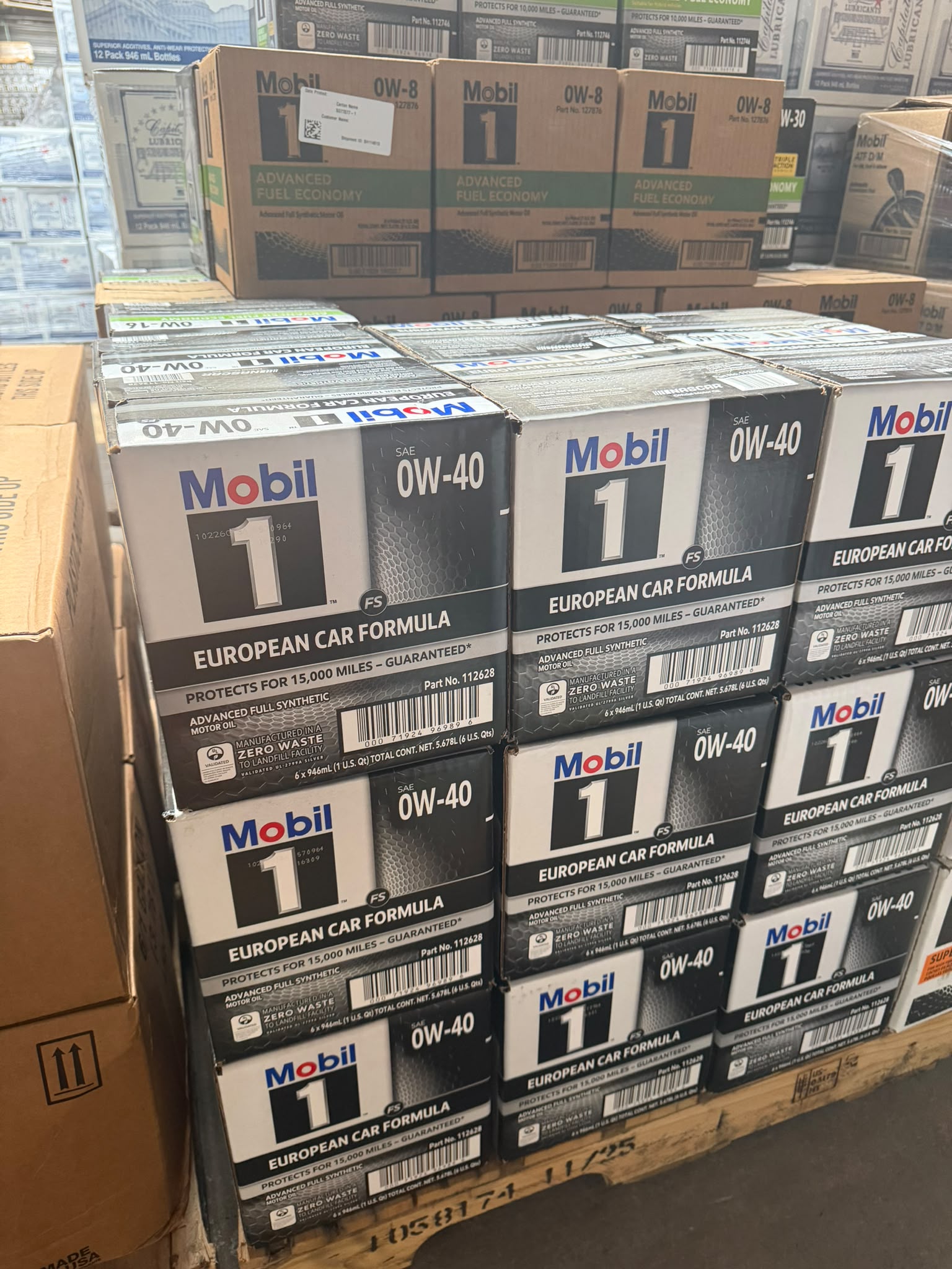 Pallet of Mobil 1 European Car Formula SAE 0W-40 motor oil cases at the Bass Oil warehouse in Brooklyn