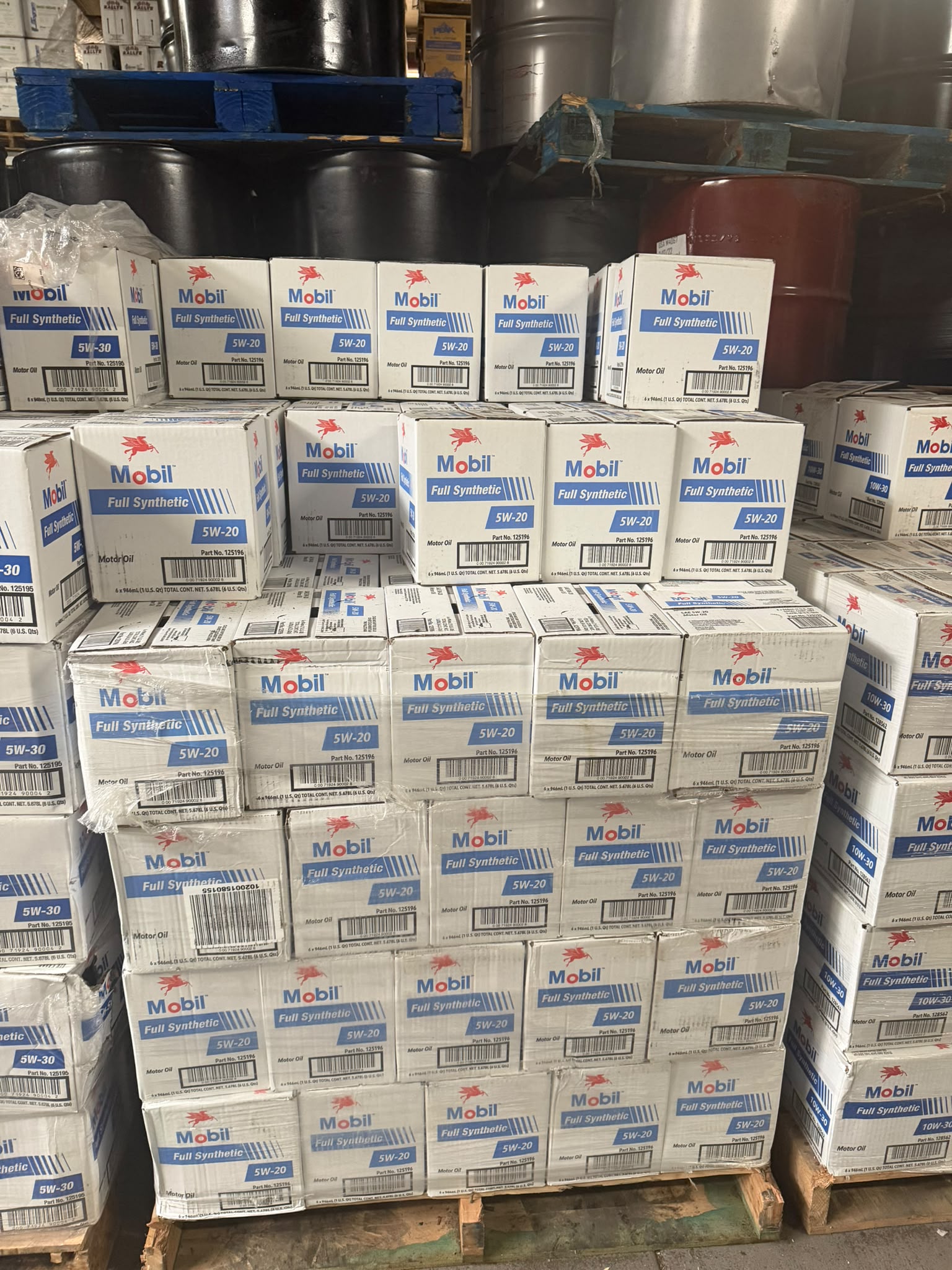 Pallet of Mobil Full Synthetic SAE 5W-20 motor oil cases at the Bass Oil warehouse in Brooklyn