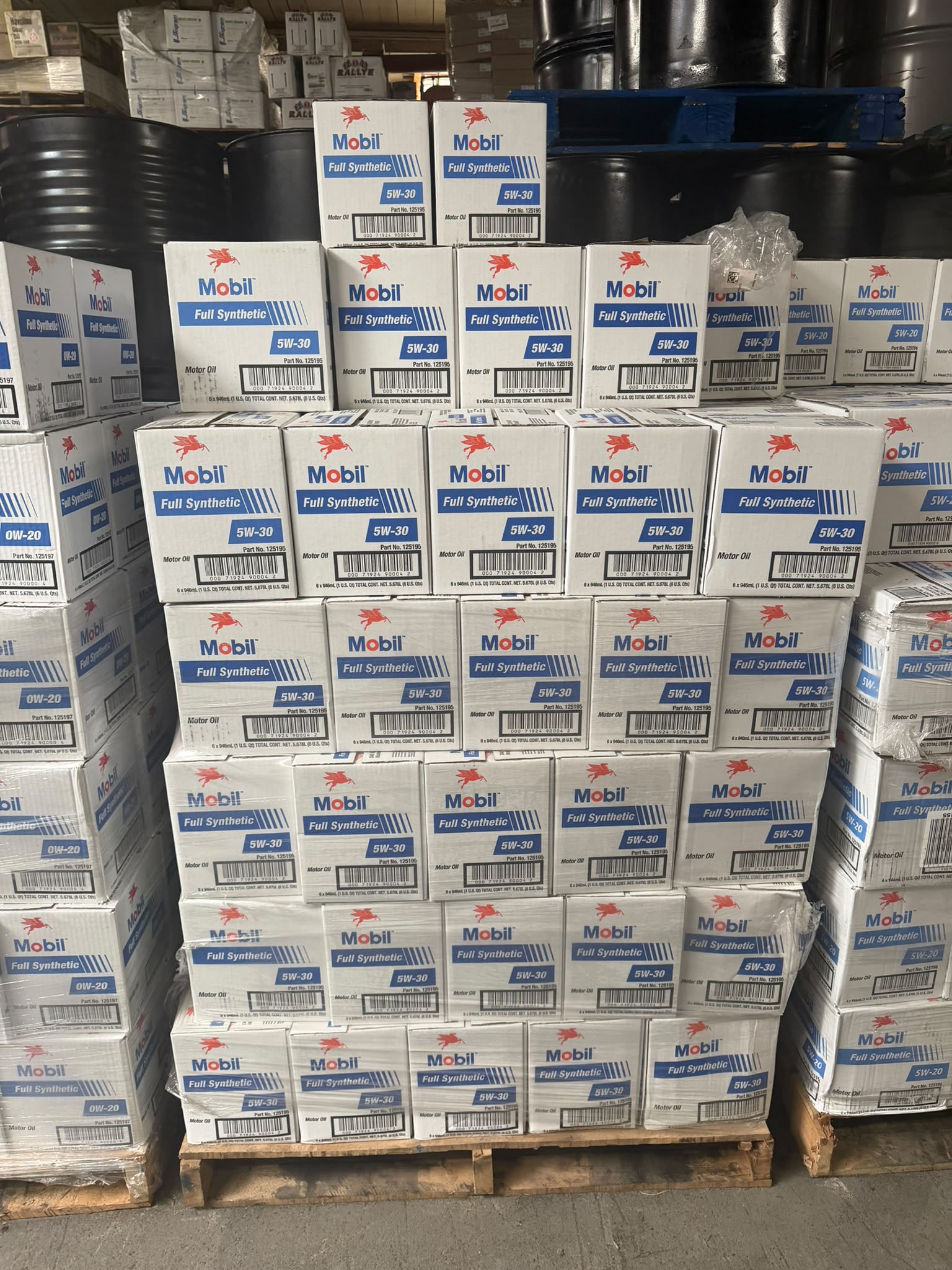 Pallet of Mobil Full Synthetic SAE 5W-30 motor oil cases at the Bass Oil warehouse in Brooklyn