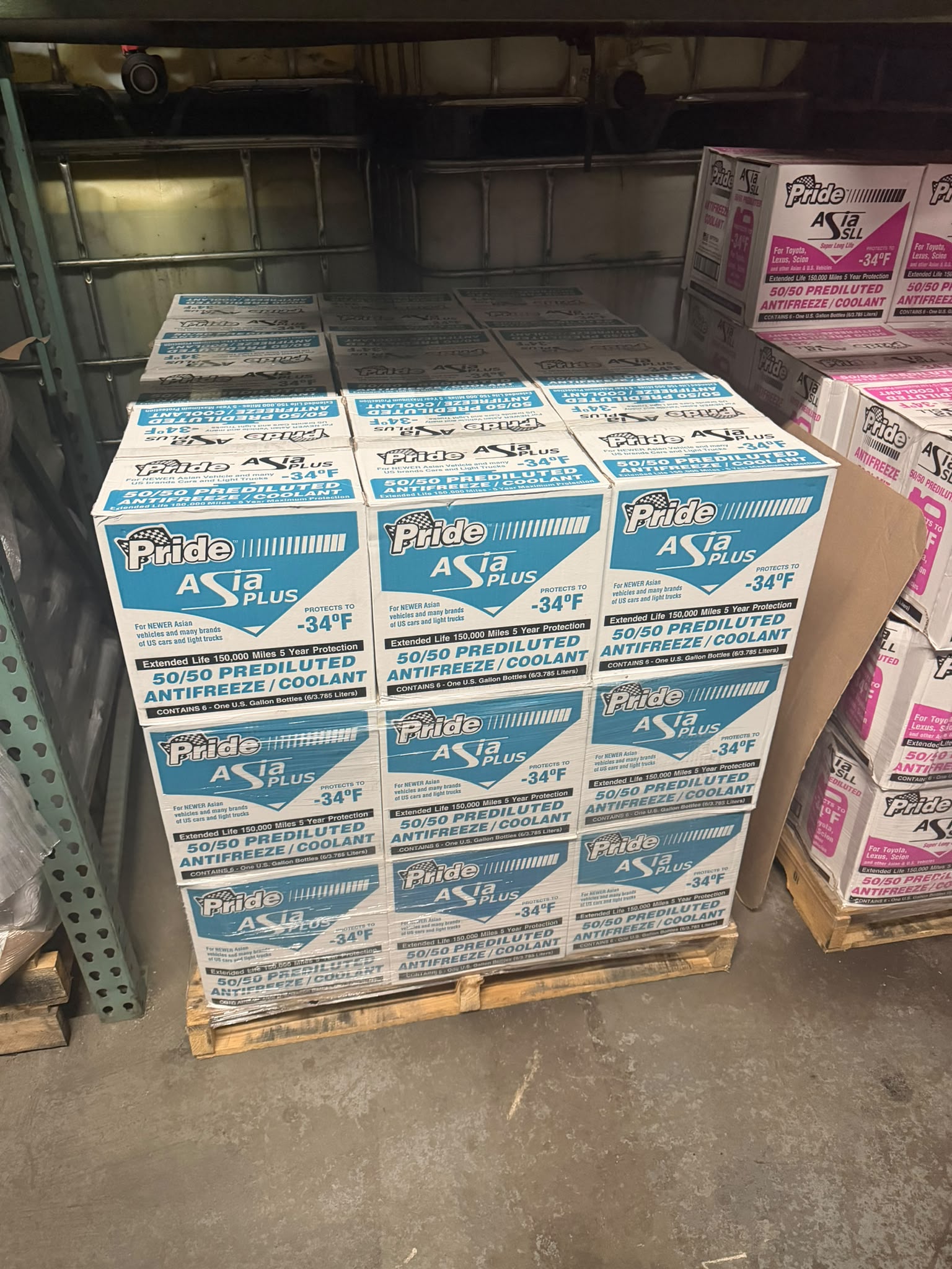 Pallet of Pride Asia Plus -34F 50/50 Prediluted Antifreeze and Coolant at the Bass Oil warehouse in Brooklyn