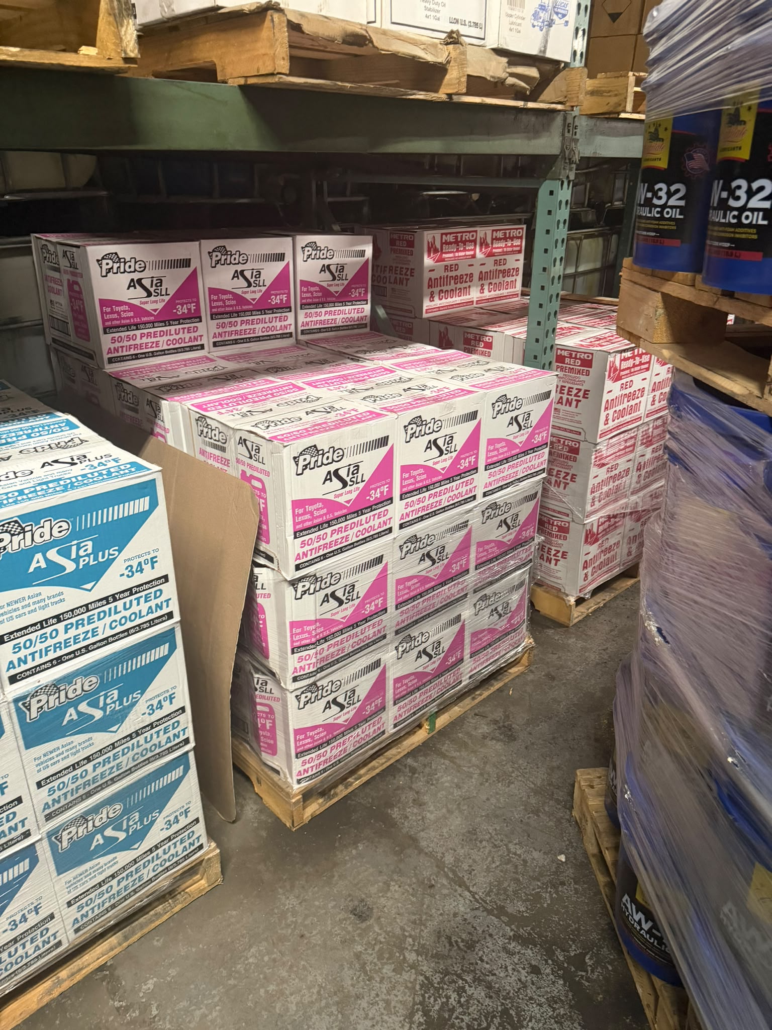 Pallets of Pride Asia SLL 50/50 Prediluted Antifreeze and Coolant for Toyota, Lexus and Scion at the Bass Oil warehouse in Brooklyn