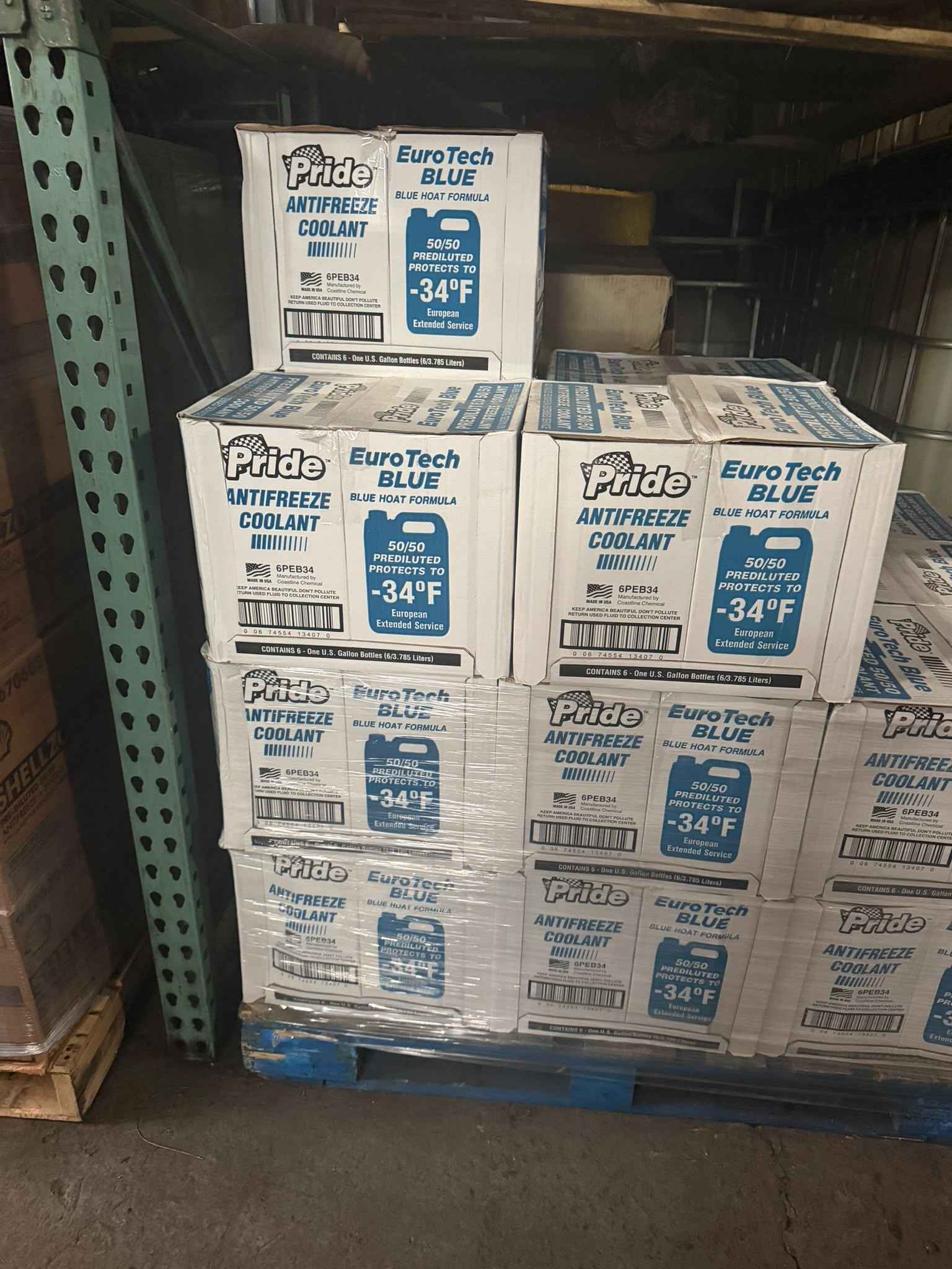 Pallet of Pride EuroTech Blue 50/50 Prediluted Antifreeze Coolant at the Bass Oil warehouse in Brooklyn