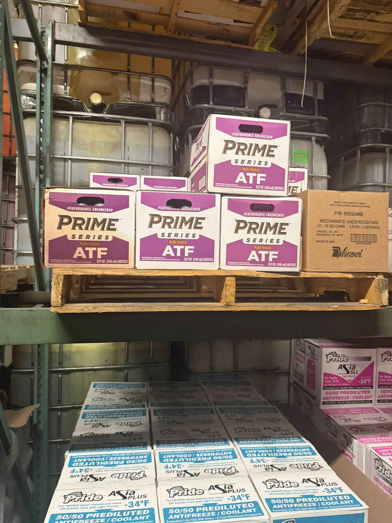Cases of Prime Series Multi-Vehicle ATF on the rack at the Bass Oil warehouse in Brooklyn