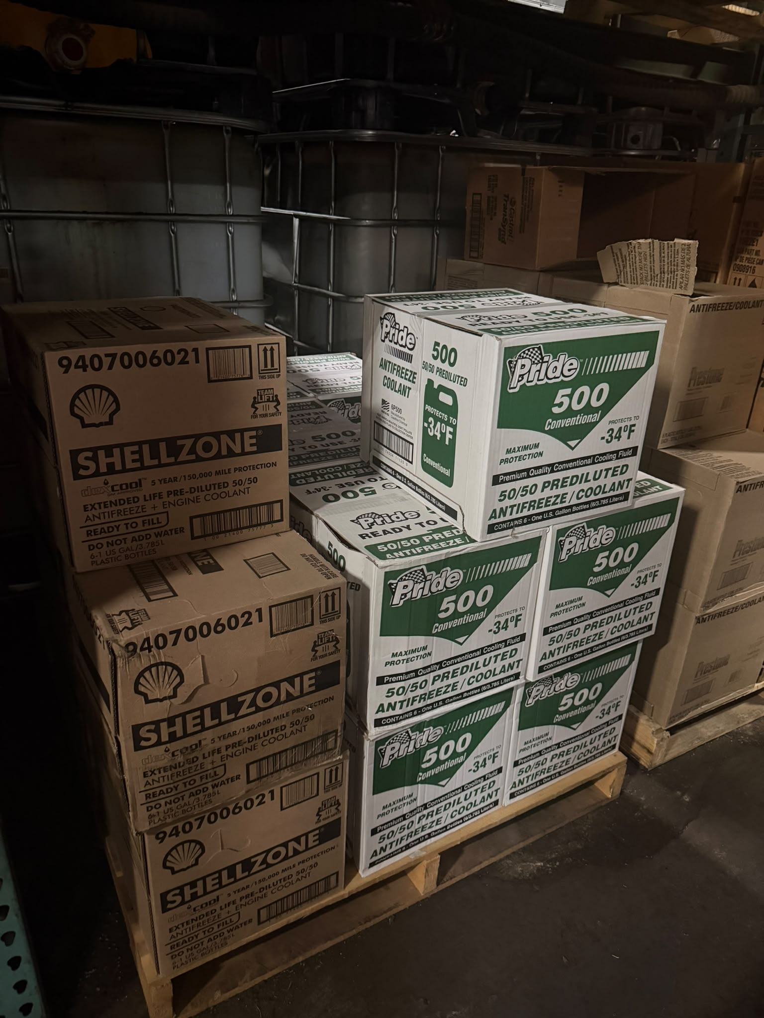 ShellZone dex-cool Extended Life 50/50 antifreeze cases and Pride 500 Conventional 50/50 Prediluted antifreeze cases at the Bass Oil warehouse in Brooklyn
