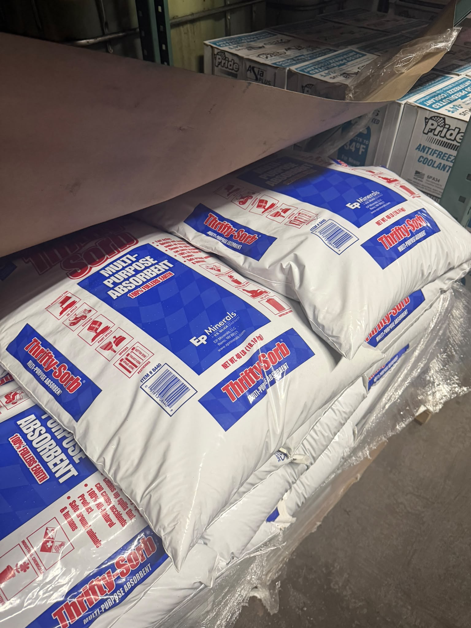 Pallet of Thrifty-Sorb Multi-Purpose Absorbent 40 lb bags at the Bass Oil warehouse in Brooklyn